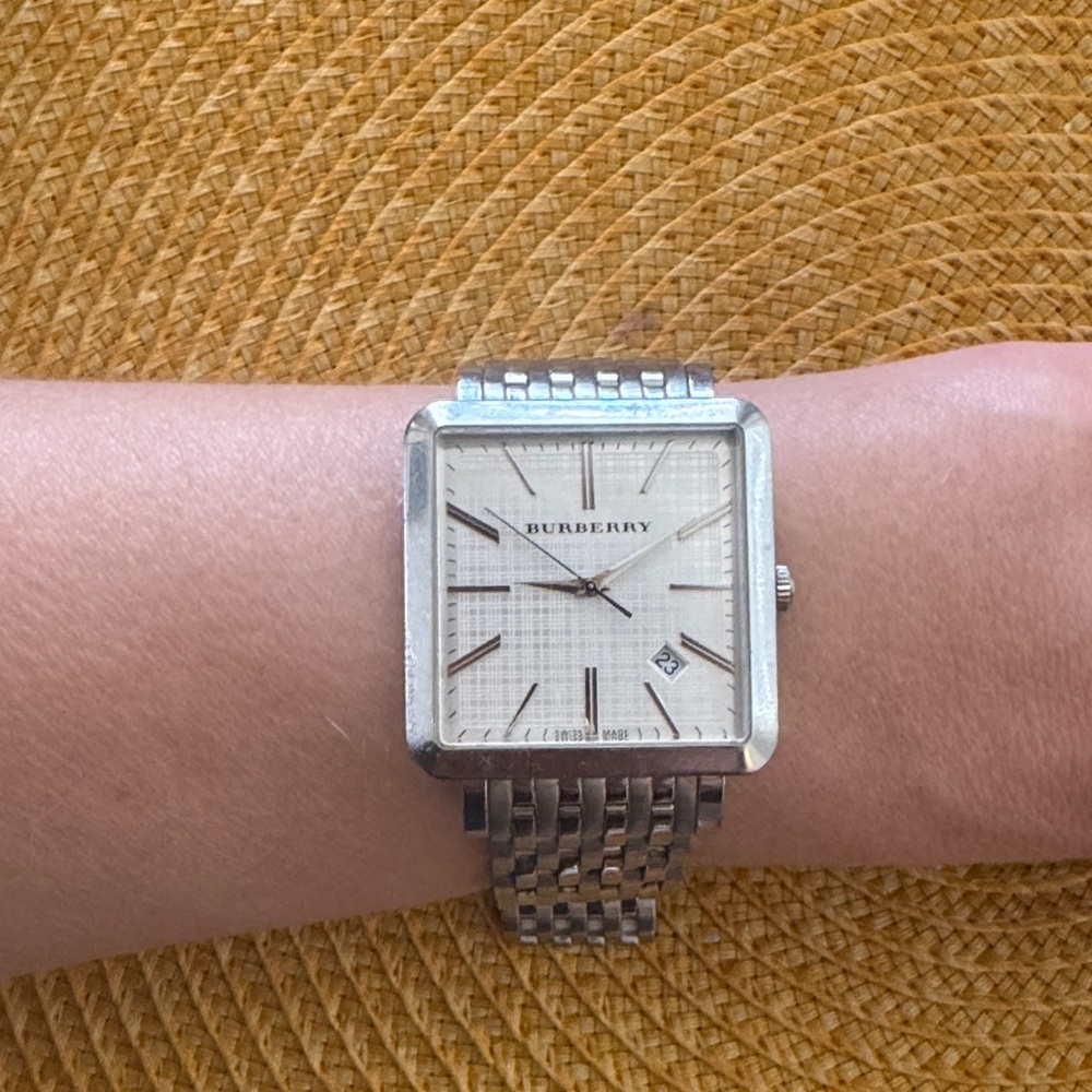 Burberry Men's Silver Square Stainless Steel Watch with Champagne Dial